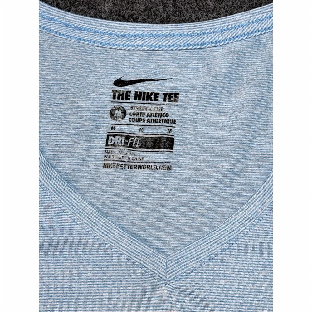 Nike The Nike Tee T-Shirt Womens Size M Blue Micro-Stripe V-Neck Dri-FIT